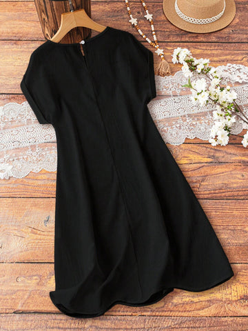 White Floral Lace Patchwork & Crinkle Linen Blended H-Line Drop Shoulder Dress For Women