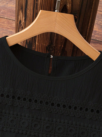 White Floral Lace Patchwork & Crinkle Linen Blended H-Line Drop Shoulder Dress For Women