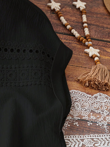 White Floral Lace Patchwork & Crinkle Linen Blended H-Line Drop Shoulder Dress For Women