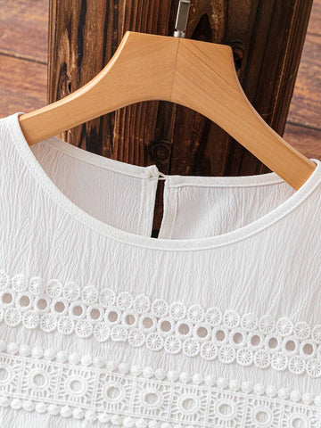 White Hollow-Out Lace Insertion Pleated Linen-Like Weave H-Line Dress With Drop Shoulder Sleeve Design For Women