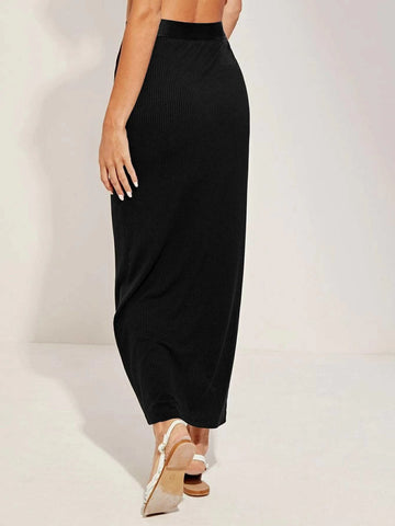 Essnce Wide Band Waist Rib-knit Pencil Skirt