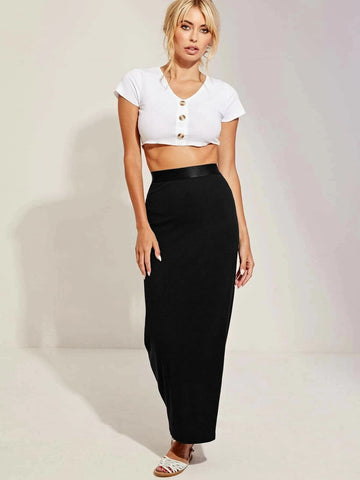 Essnce Wide Band Waist Rib-knit Pencil Skirt
