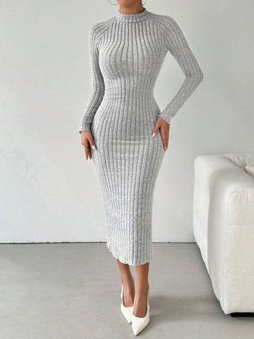 Wide Ribbed Open Back Bow Detail Long Sleeve Dress