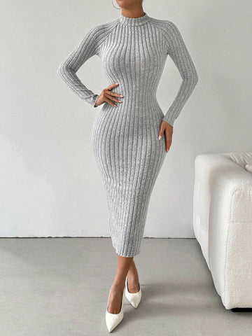 Wide Ribbed Open Back Bow Detail Long Sleeve Dress