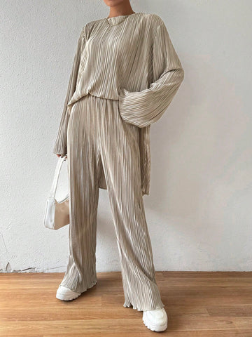 Women'S Bell Sleeve Top With Split Hem And Pants 2 Piece Set