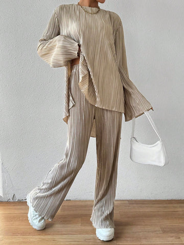 Women'S Bell Sleeve Top With Split Hem And Pants 2 Piece Set