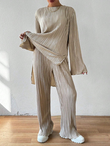 Women'S Bell Sleeve Top With Split Hem And Pants 2 Piece Set