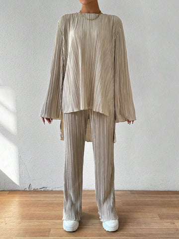 Women'S Bell Sleeve Top With Split Hem And Pants 2 Piece Set