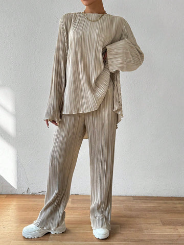 Women'S Bell Sleeve Top With Split Hem And Pants 2 Piece Set