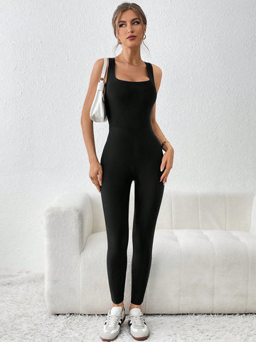 Women'S Casual Sports Criss-Cross Backless Black Bodycon Jumpsuit For Summer