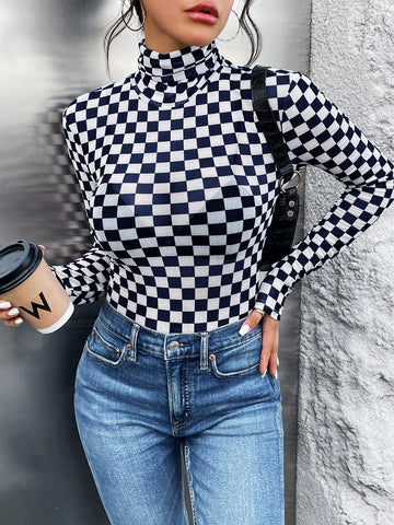 Women'S Checkered Print High Neck Bodysuit