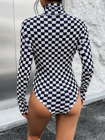 Women'S Checkered Print High Neck Bodysuit