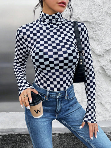 Women'S Checkered Print High Neck Bodysuit