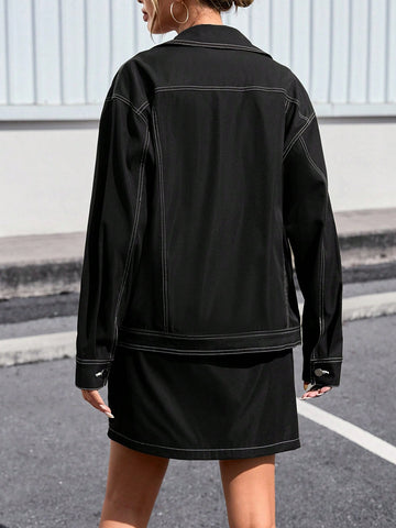 Women'S Drop Shoulder Long Sleeve Jacket And Skirt Set