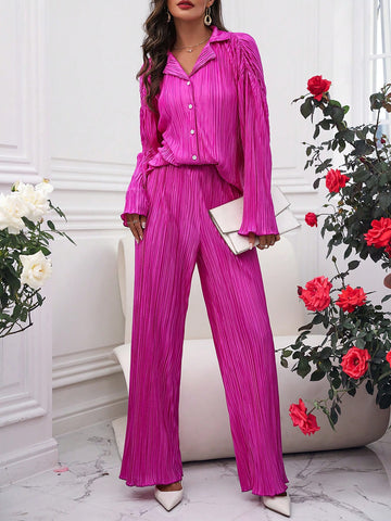 Women'S Drop Shoulder Long Sleeve Shirt And Pants 2pcs Set