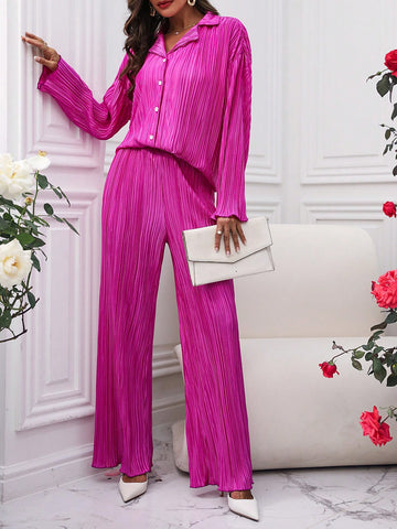 Women'S Drop Shoulder Long Sleeve Shirt And Pants 2pcs Set