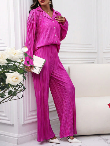 Women'S Drop Shoulder Long Sleeve Shirt And Pants 2pcs Set