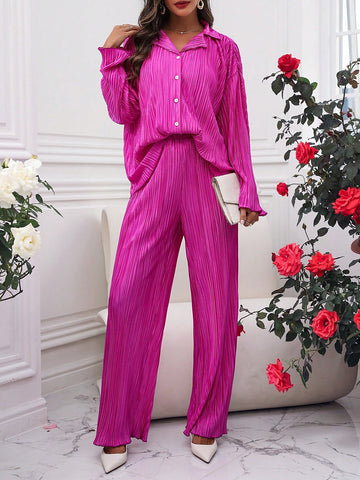 Women'S Drop Shoulder Long Sleeve Shirt And Pants 2pcs Set