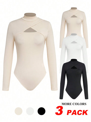 Women'S High Neck Cut Out Knit Ribbed Long Sleeve Bodysuit