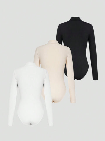 Women'S High Neck Cut Out Knit Ribbed Long Sleeve Bodysuit