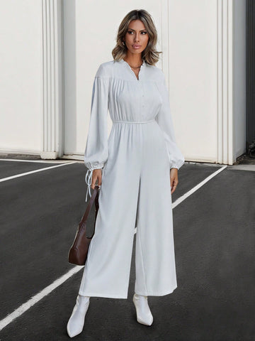 Women'S Lace Up Cut Out Notched-Neck Jumpsuit With Tie Cuffs