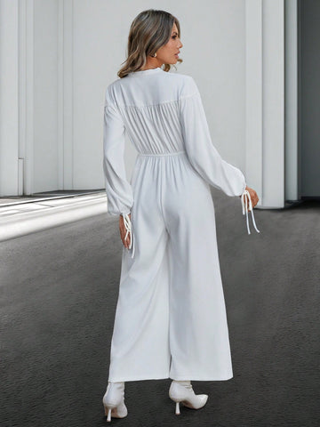 Women'S Lace Up Cut Out Notched-Neck Jumpsuit With Tie Cuffs