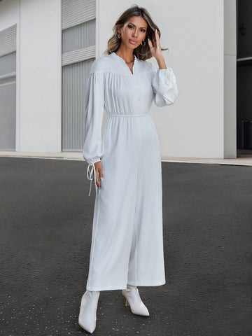 Women'S Lace Up Cut Out Notched-Neck Jumpsuit With Tie Cuffs