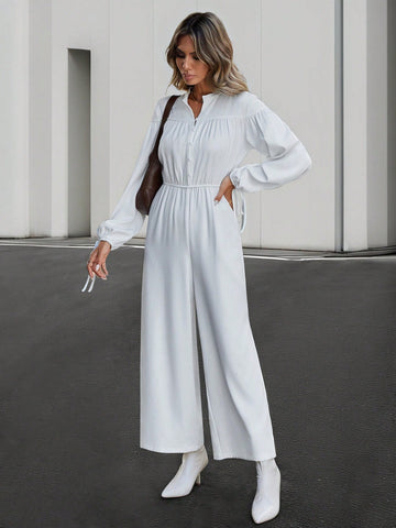 Women'S Lace Up Cut Out Notched-Neck Jumpsuit With Tie Cuffs