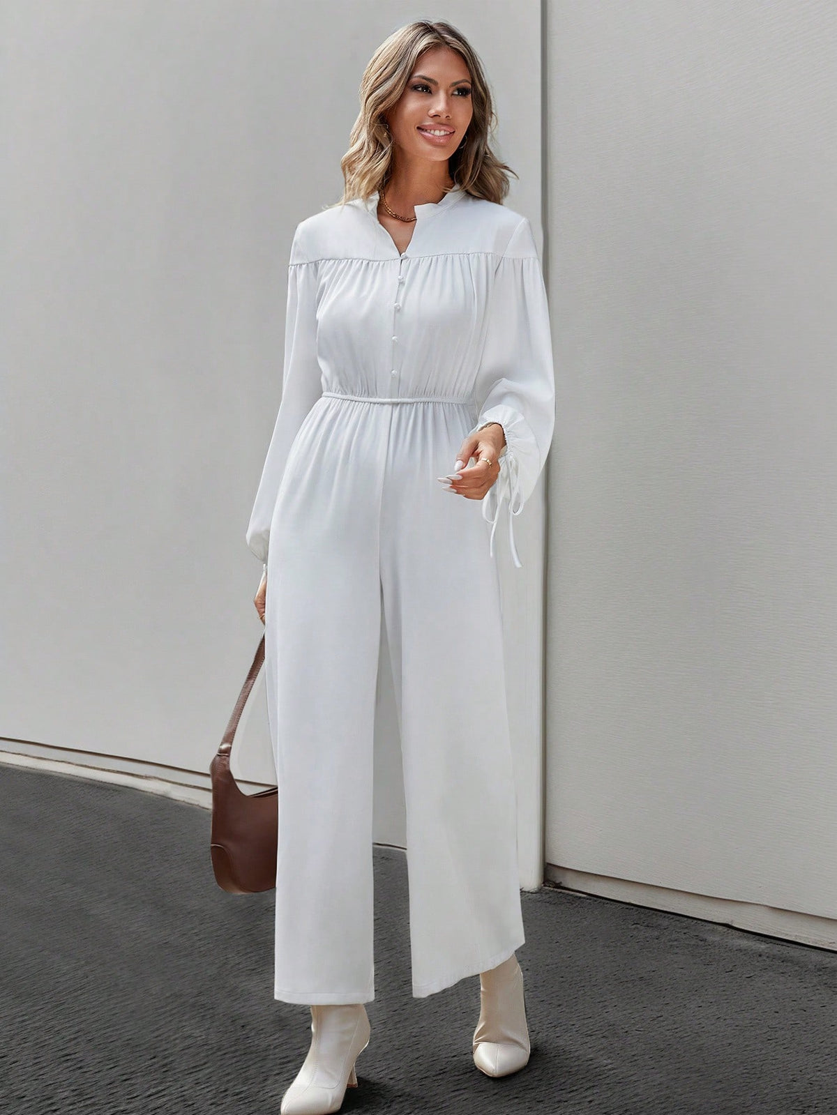 Women'S Lace Up Cut Out Notched-Neck Jumpsuit With Tie Cuffs