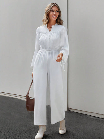 Women'S Lace Up Cut Out Notched-Neck Jumpsuit With Tie Cuffs