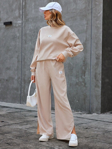 Women'S Letter Print Drop Shoulder Long Sleeve Sweatshirt And Jogger Pants Two-Piece Set