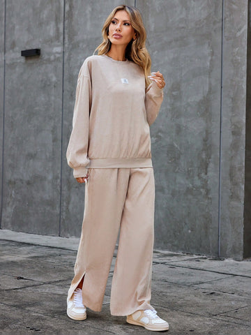 Women'S Letter Print Drop Shoulder Long Sleeve Sweatshirt And Jogger Pants Two-Piece Set