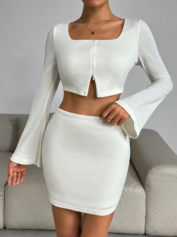 Women'S Micro Flare Sleeve Top With Concealed Zipper And Mini Skirt Set