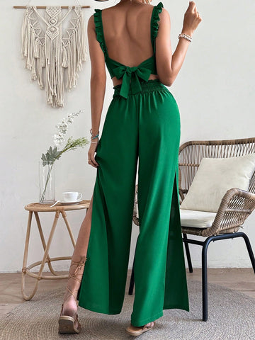 Women'S Monochrome Pleated Ruffle Hemline Decorated Top & Wide Leg Pants Set With Slits