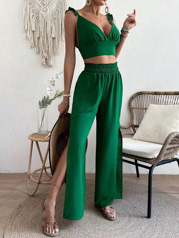 Women'S Monochrome Pleated Ruffle Hemline Decorated Top & Wide Leg Pants Set With Slits