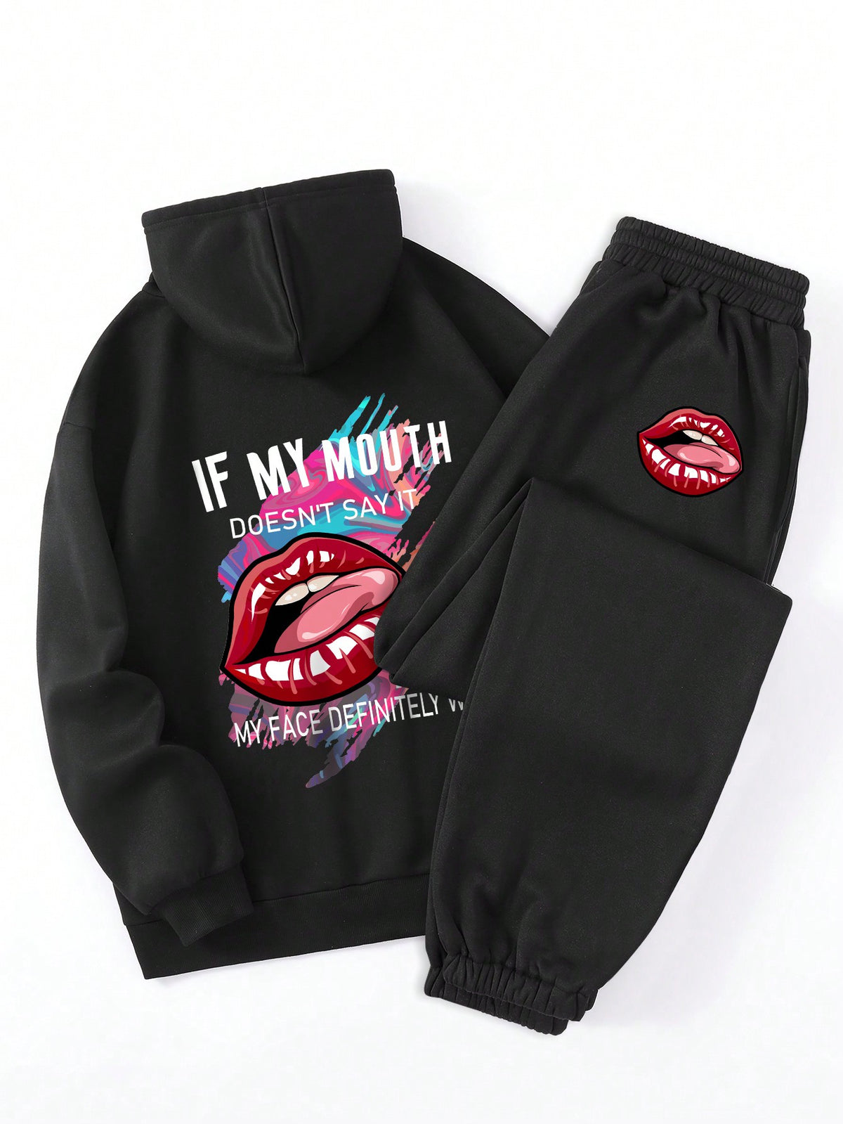 Women'S Mouth Printed Hooded Fleece Set