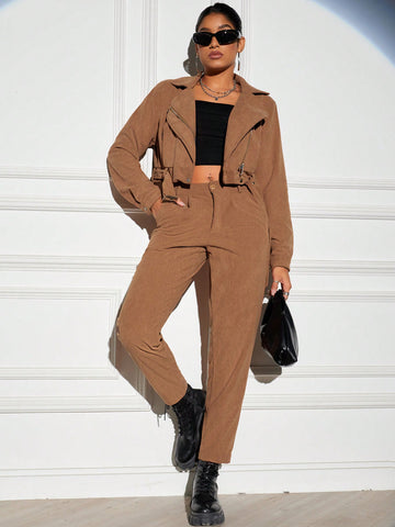 Women'S Notched Collar Belted Jacket And Pants Two Piece Set