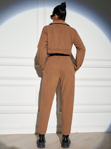 Women'S Notched Collar Belted Jacket And Pants Two Piece Set