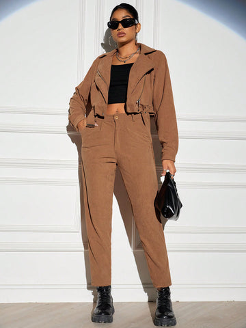 Women'S Notched Collar Belted Jacket And Pants Two Piece Set