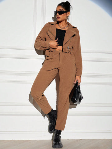 Women'S Notched Collar Belted Jacket And Pants Two Piece Set