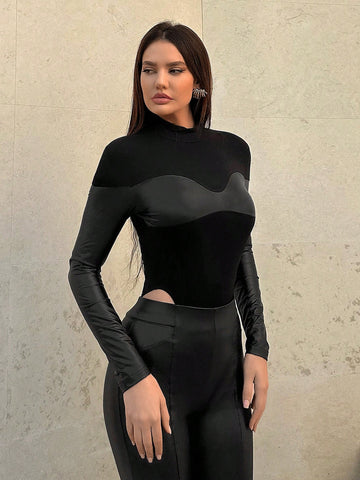 Women'S Pu Spliced Long Sleeved Jumpsuit