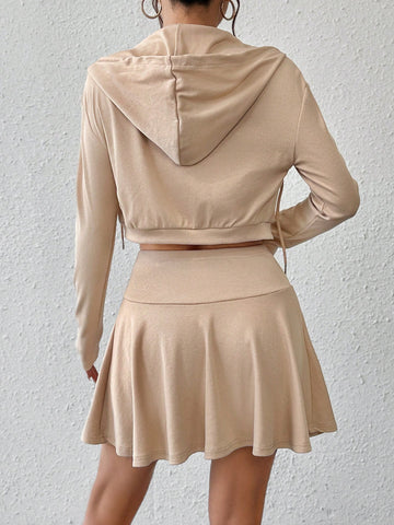Women'S Ribbed Hooded Cropped Top And Skirt Two Piece Set