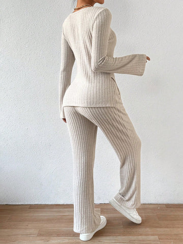 Women'S Ribbed Knitted Long Sleeve Top And Pants Set