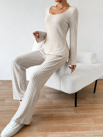 Women'S Ribbed Knitted Long Sleeve Top And Pants Set