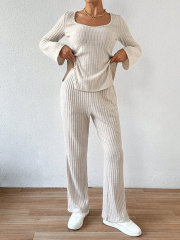 Women'S Ribbed Knitted Long Sleeve Top And Pants Set
