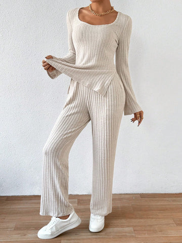 Women'S Ribbed Knitted Long Sleeve Top And Pants Set