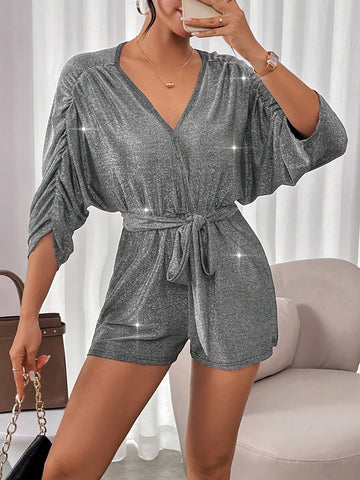 Women'S Ruched Sleeve Shiny Jumpsuit With Cropped Leg