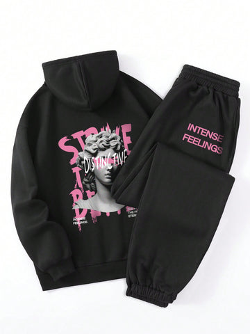 Women'S Sculpture Printed Fleece Hooded Tracksuit