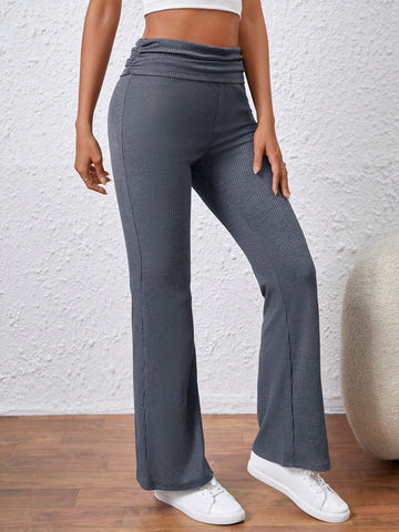 Essnce Women'S Side Pleated Flare Leggings With Foldover Waist