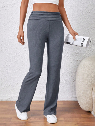 Essnce Women'S Side Pleated Flare Leggings With Foldover Waist